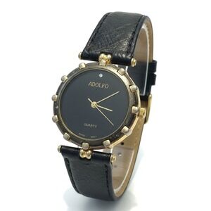 Adolfo Quartz‎ Watch Black Leather Band Gold Tone Stainless Steel Back